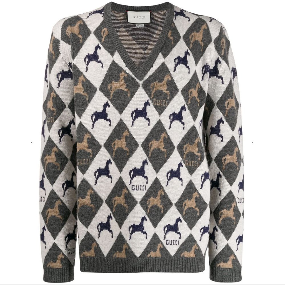 🥳💕💕 HOST PICK 💕💕🥳 Gucci Equestrian 🐴 🐎 Diamond Jacquard Sweater in Gray NWT